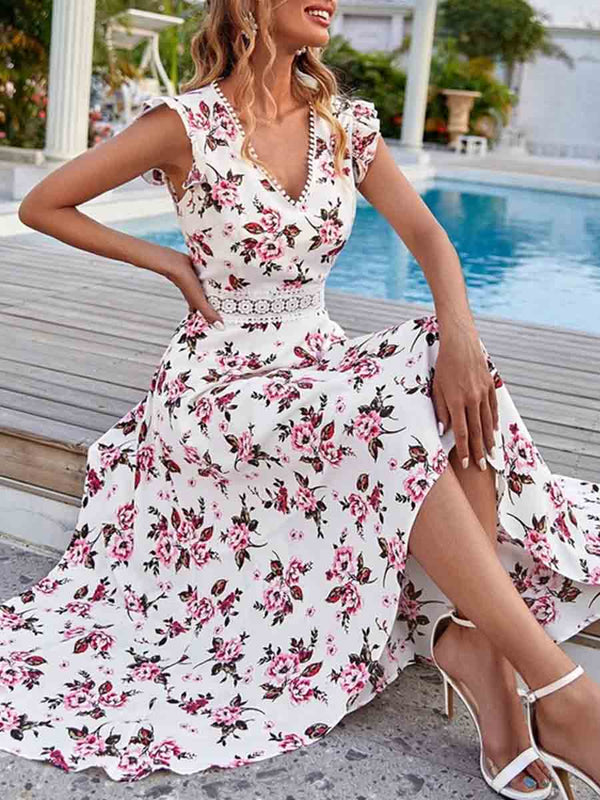 Amsoin Printed Sleeveless Lace Waist Dress