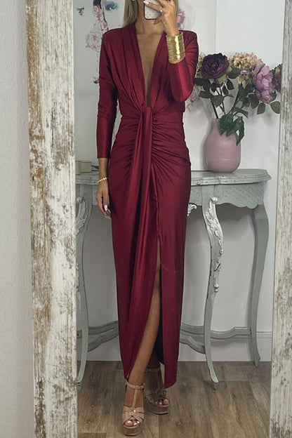Amsoin Deep V Neck Ruched Slit Maxi Bodycon Dress