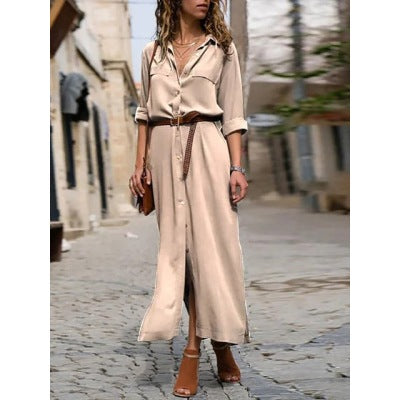 Amsoin Long Sleeve Slit Dress (Free Belt)