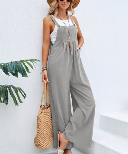 Amsoin Solid Pocket Wide Leg Casual Jumpsuit