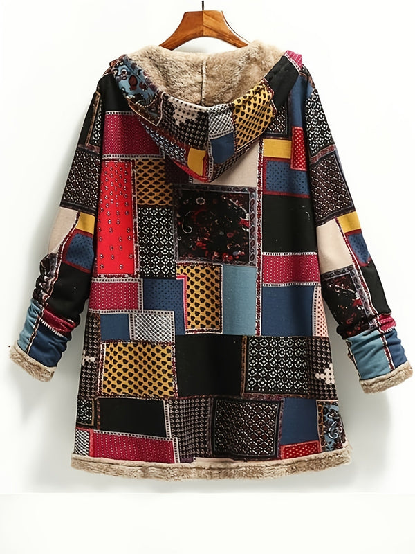 Coats - Vintage Patchwork Printed Long Sleeve Button-Up Hooded Coat - MsDressly