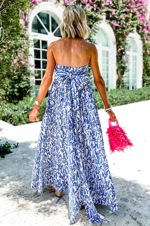 Amsoin Strapless Back Bow Printed Swing Maxi Dress