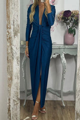 Amsoin Deep V Neck Ruched Slit Maxi Bodycon Dress