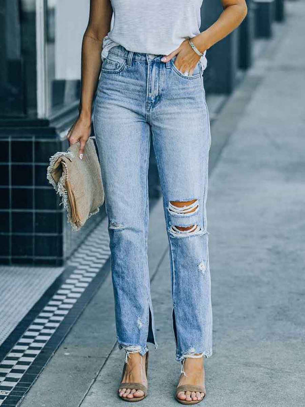 Amsoin New Straight Slit Jeans