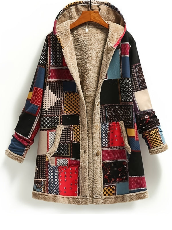 Coats - Vintage Patchwork Printed Long Sleeve Button-Up Hooded Coat - MsDressly