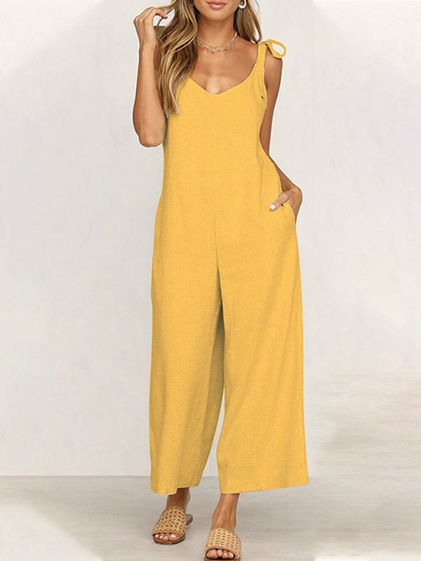 Amsoin Casual Daily Solid Pocket V Neck Loose Jumpsuits