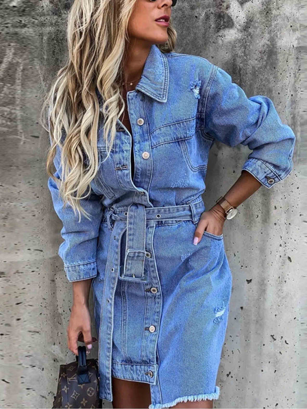 Amsoin Sexy Denim Dress With Belt