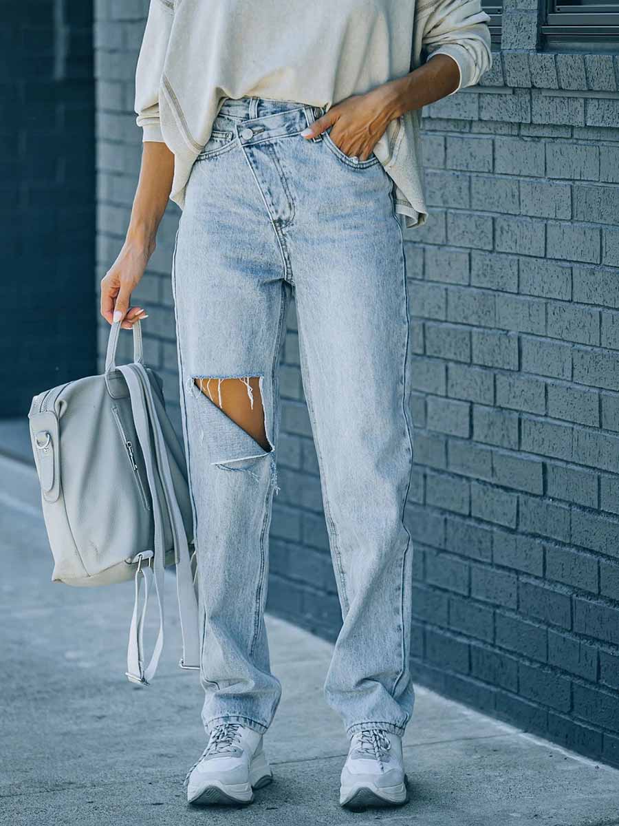 Amsoin Irregular Ripped Casual Jeans