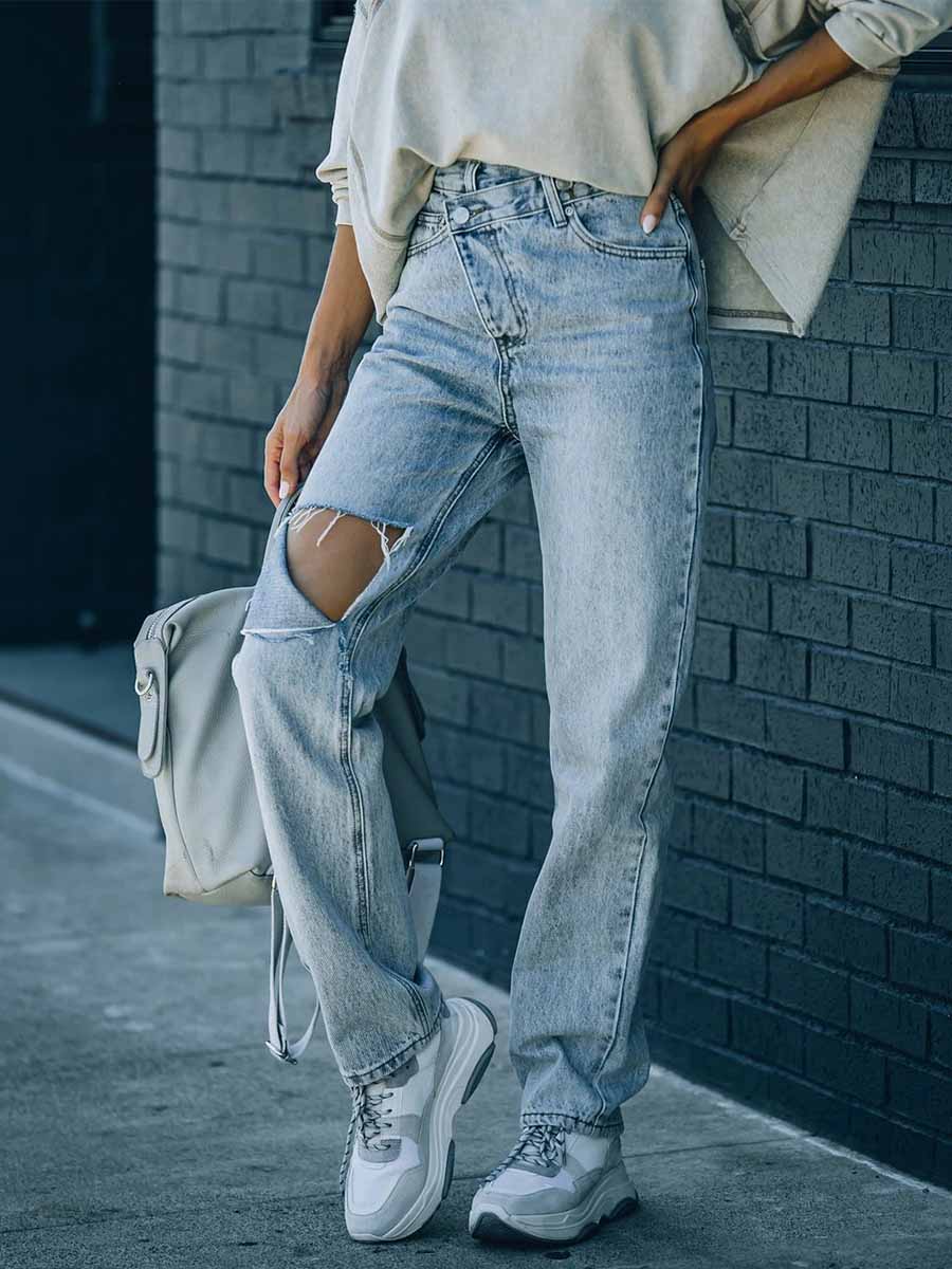 Amsoin Irregular Ripped Casual Jeans