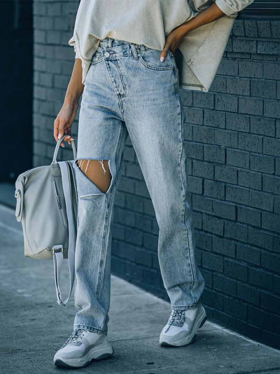 Amsoin Irregular Ripped Casual Jeans