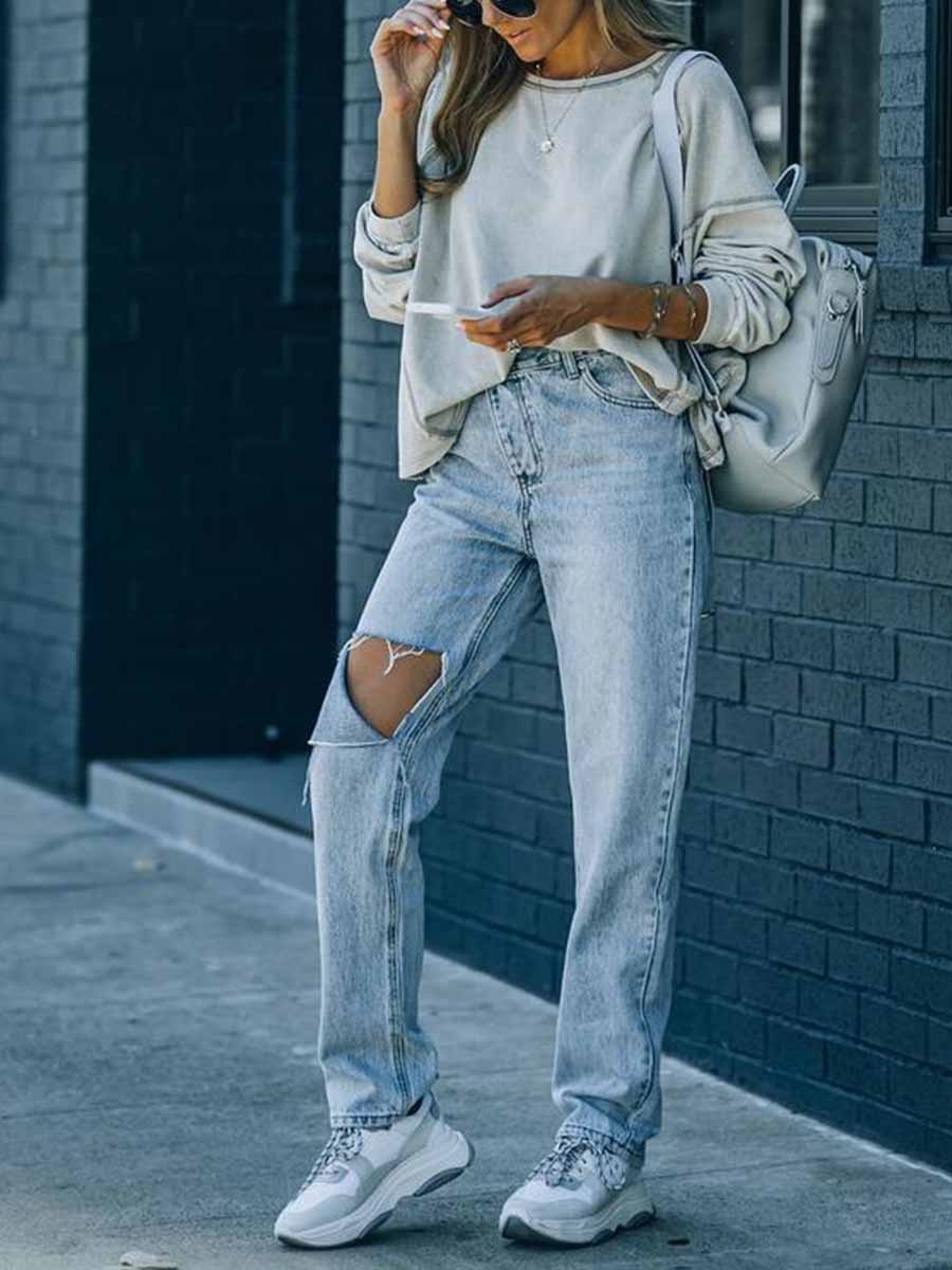 Amsoin Irregular Ripped Casual Jeans