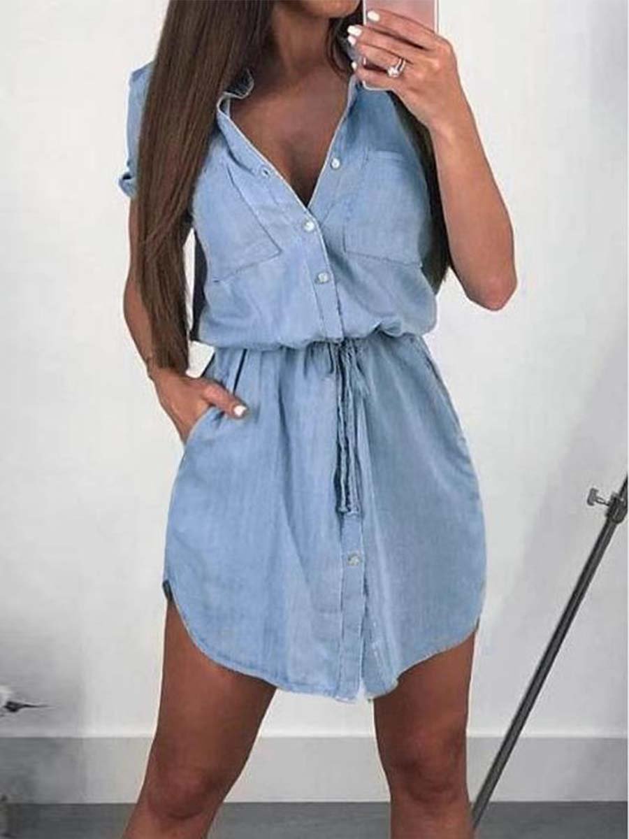 Amsoin Washed  Denim Shirt Dress