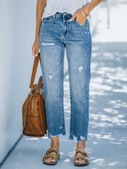 Amsoin Ripped Cropped Straight-leg Washed Jeans