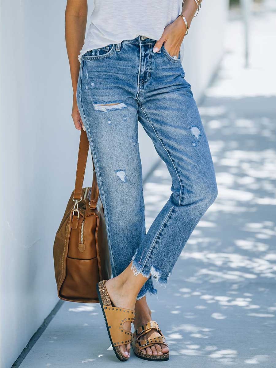 Amsoin Ripped Cropped Straight-leg Washed Jeans