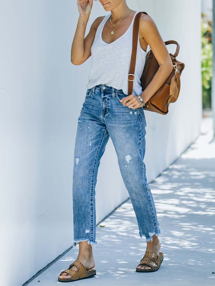 Amsoin Ripped Cropped Straight-leg Washed Jeans