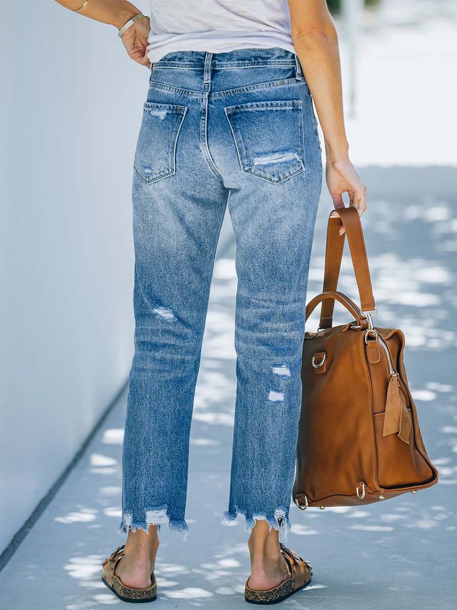 Amsoin Ripped Cropped Straight-leg Washed Jeans