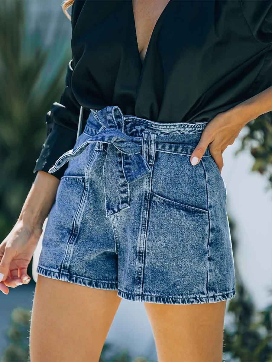 Amsoin Washed High Waist Denim Shorts