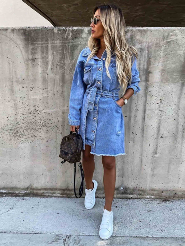 Amsoin Sexy Denim Dress With Belt