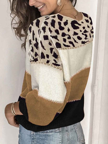 Amsoin Leopard Printed Striped Sweater