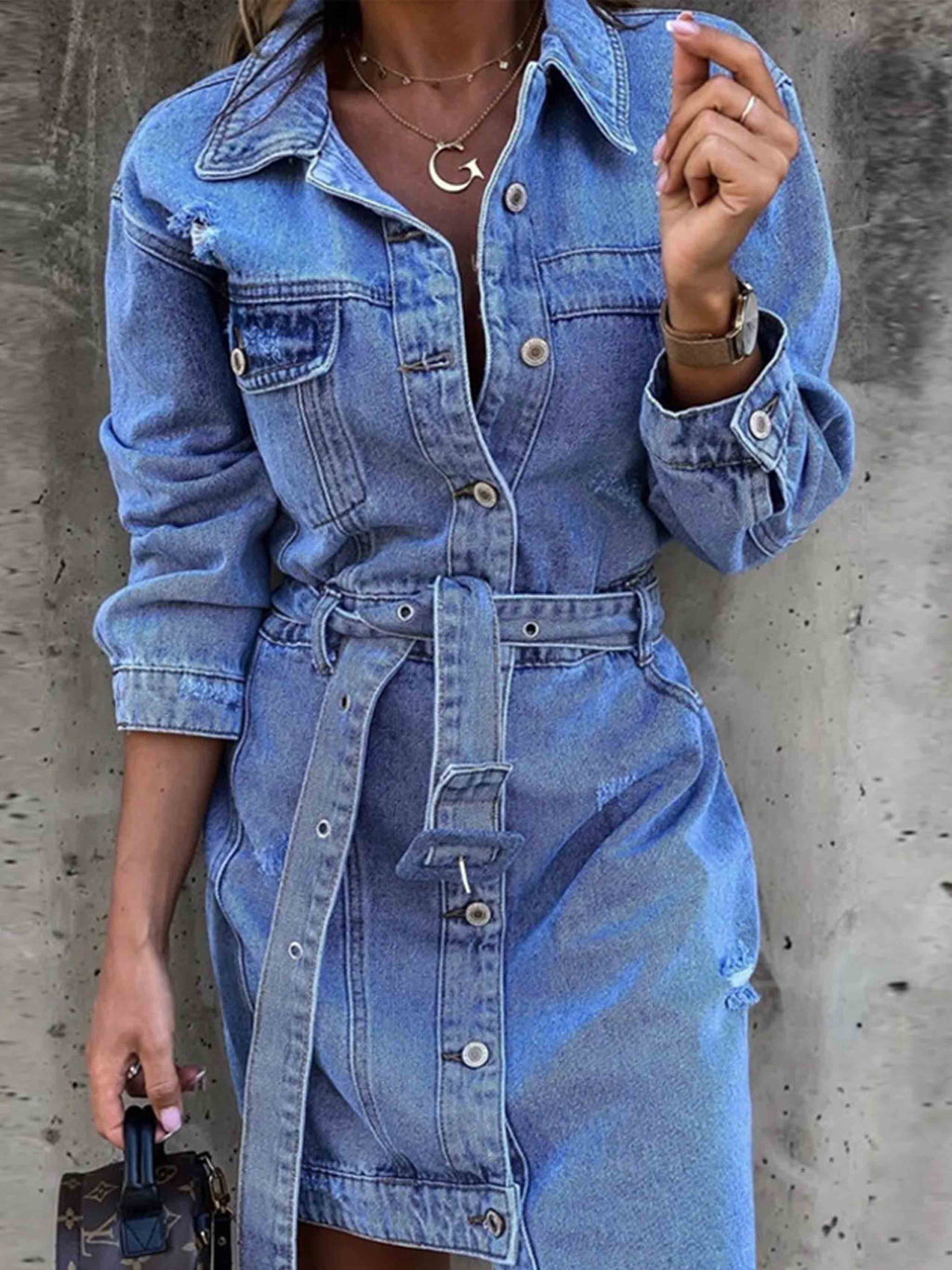 Amsoin Sexy Denim Dress With Belt