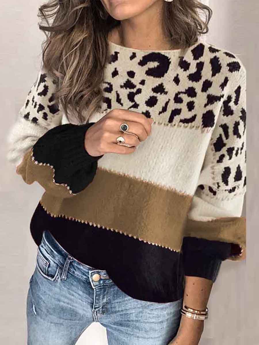 Amsoin Leopard Printed Striped Sweater
