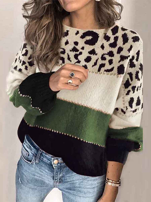 Amsoin Leopard Printed Striped Sweater
