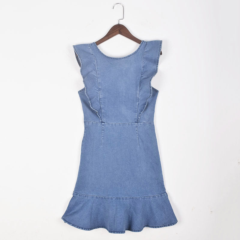 Amsoin O Neck Flouncing Denim Dress