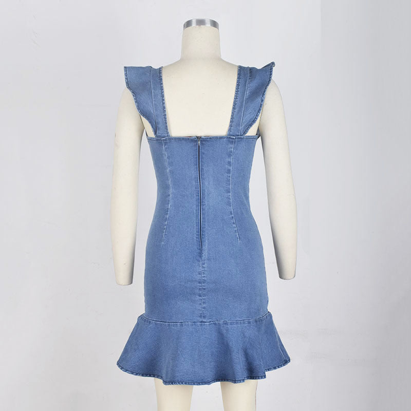 Amsoin O Neck Flouncing Denim Dress