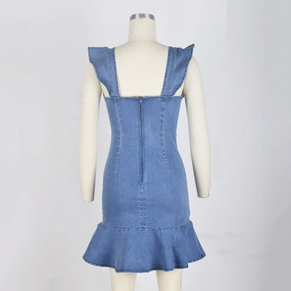 Amsoin O Neck Flouncing Denim Dress