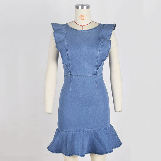 Amsoin O Neck Flouncing Denim Dress