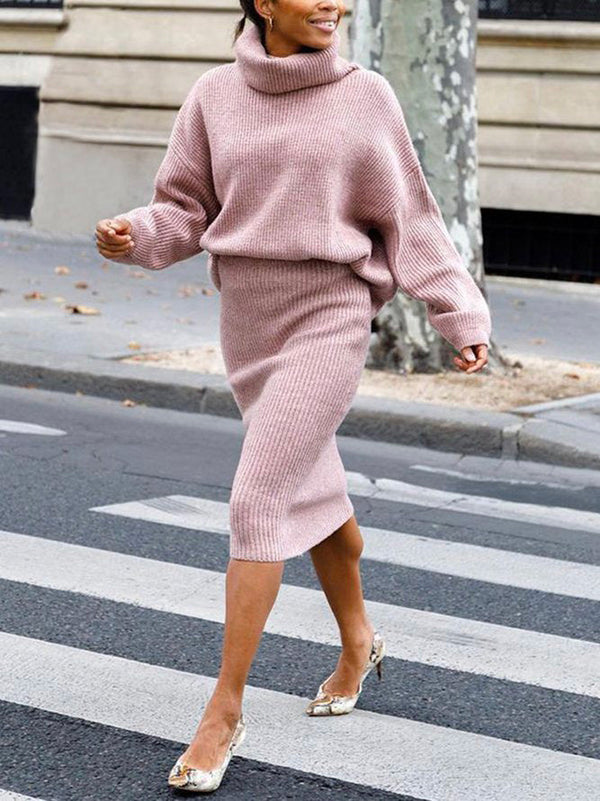 Amsoin Solid Turtleneck Sweater & Slim Skirt Two-Piece Set