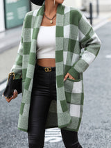 Loose Check Colorblock Knit Fashion Coat