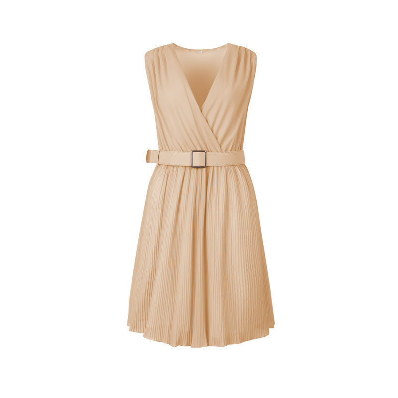 Amsoin V-Neck Pleated Sleeveless Dress
