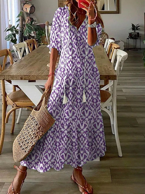 Amsoin Boho V Neck Floral Maxi Dress