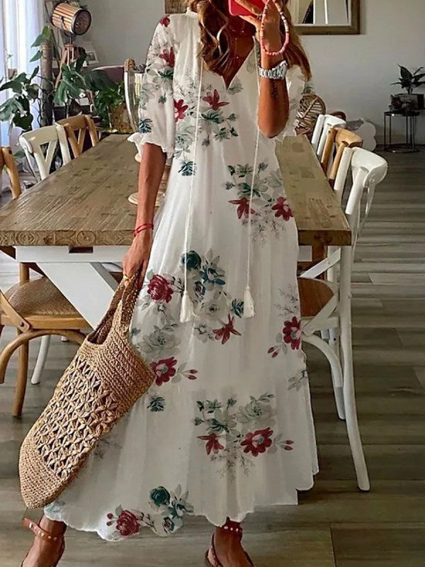 Amsoin Boho V Neck Floral Maxi Dress