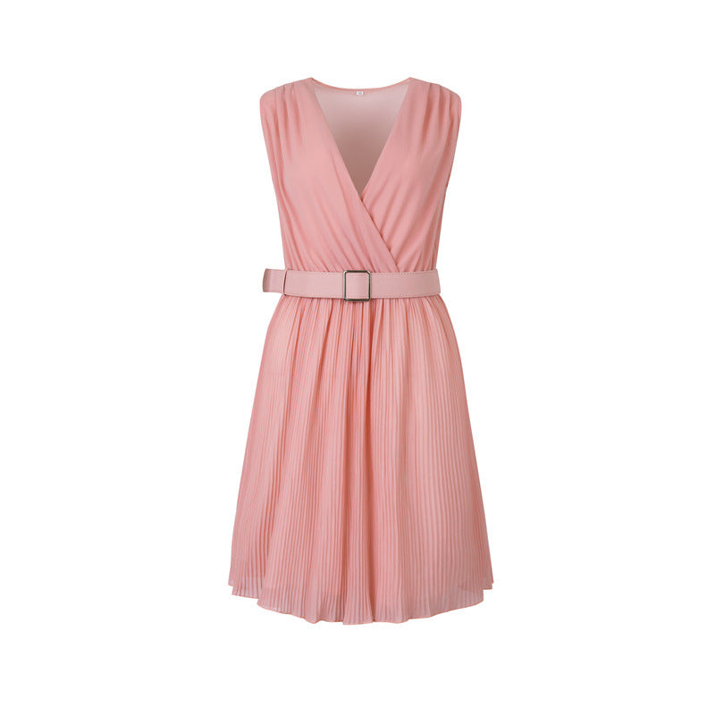 Amsoin V-Neck Pleated Sleeveless Dress