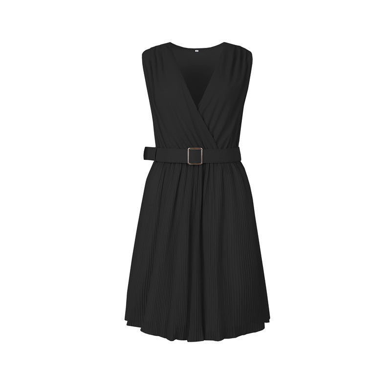 Amsoin V-Neck Pleated Sleeveless Dress