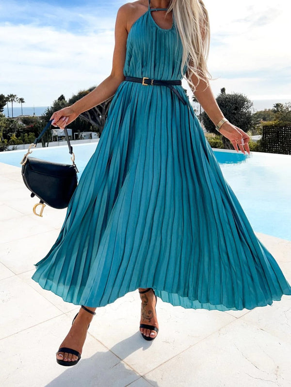 Amsoin Pleated Solid Color Dress