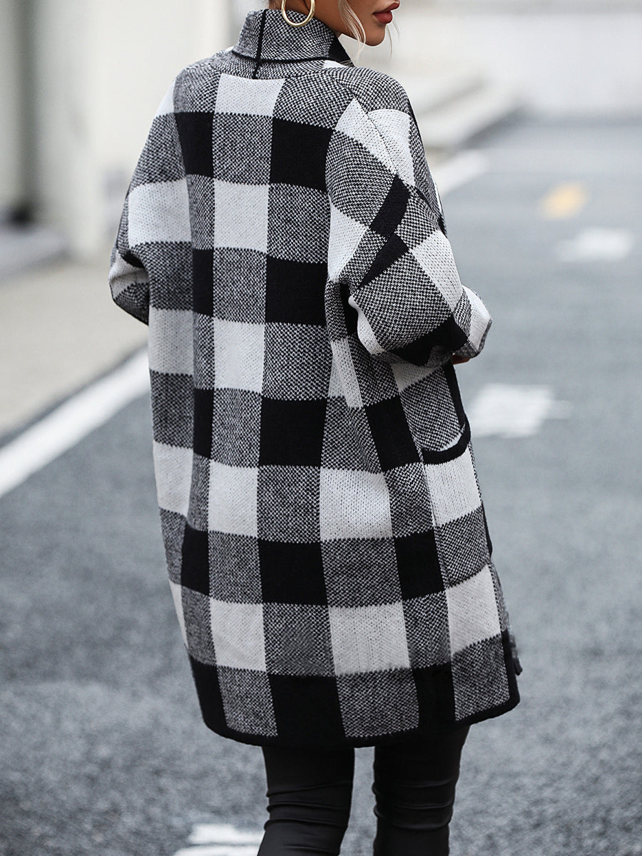 Loose Check Colorblock Knit Fashion Coat