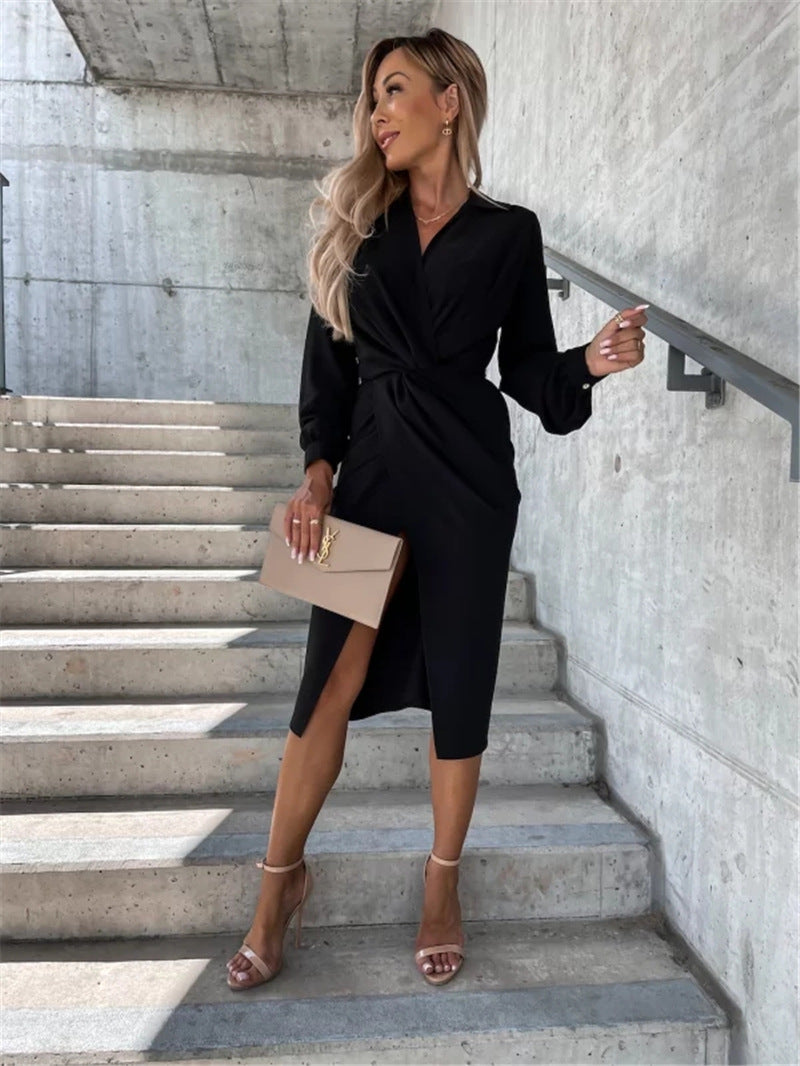 Amsoin Solid Fold V Neck Long Sleeve Dresses