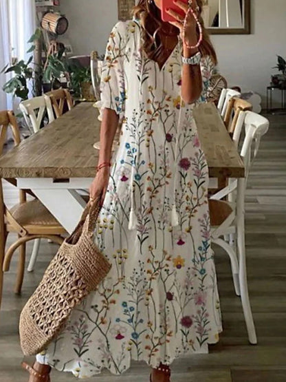 Amsoin Boho V Neck Floral Maxi Dress