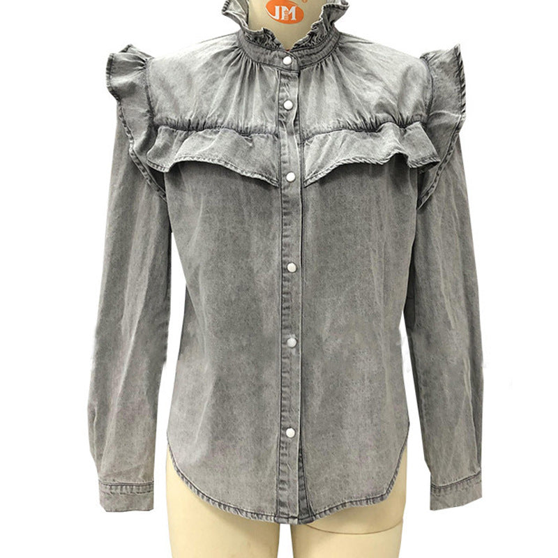 Amsoin Doll Collar Long Sleeve Button Denim Blouse