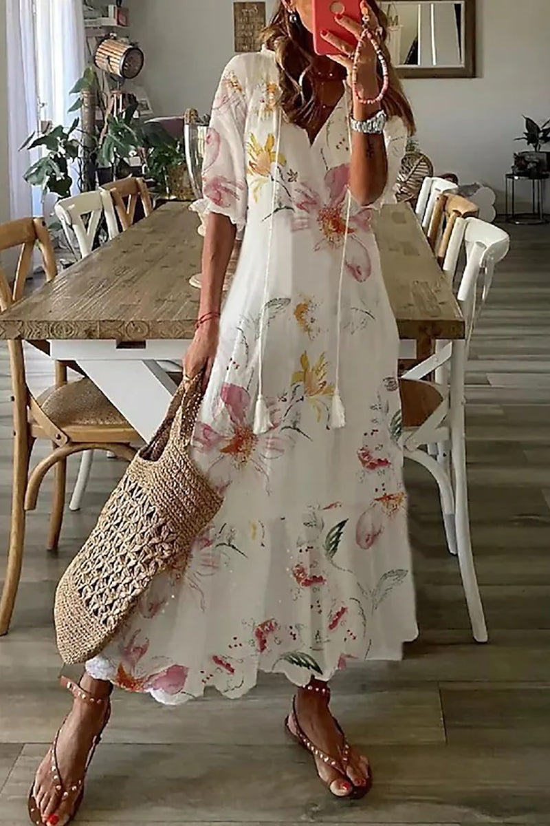 Amsoin Boho V Neck Floral Maxi Dress