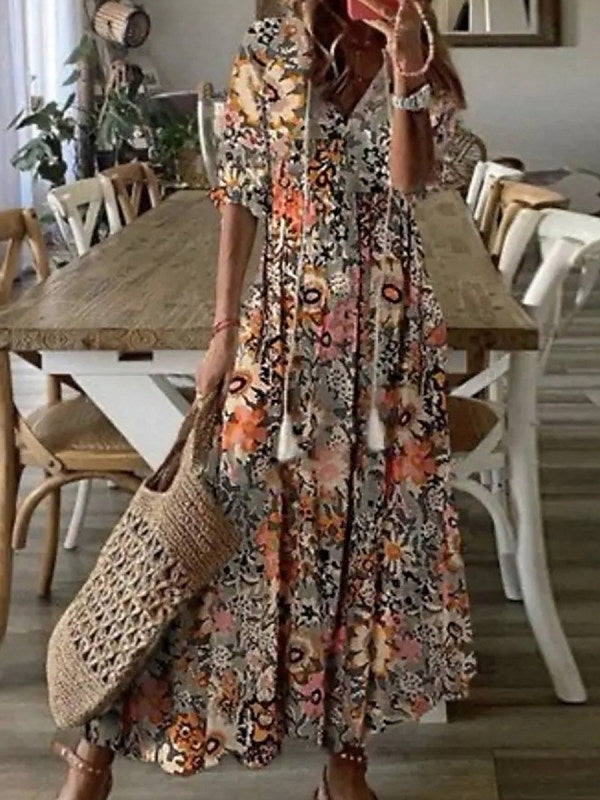 Amsoin Boho V Neck Floral Maxi Dress