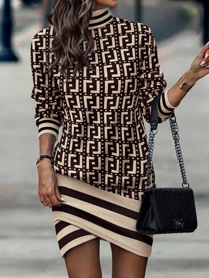 Amsoin Turtleneck Long Sleeve Print Dress