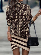 Amsoin Turtleneck Long Sleeve Print Dress
