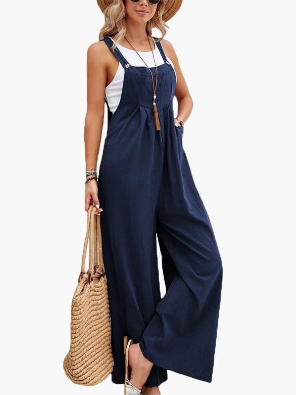 Amsoin Solid Pocket Wide Leg Casual Jumpsuit