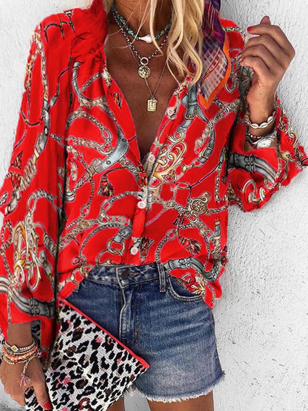 Amsoin Chain Print Stand Collar Long Sleeve Blouse