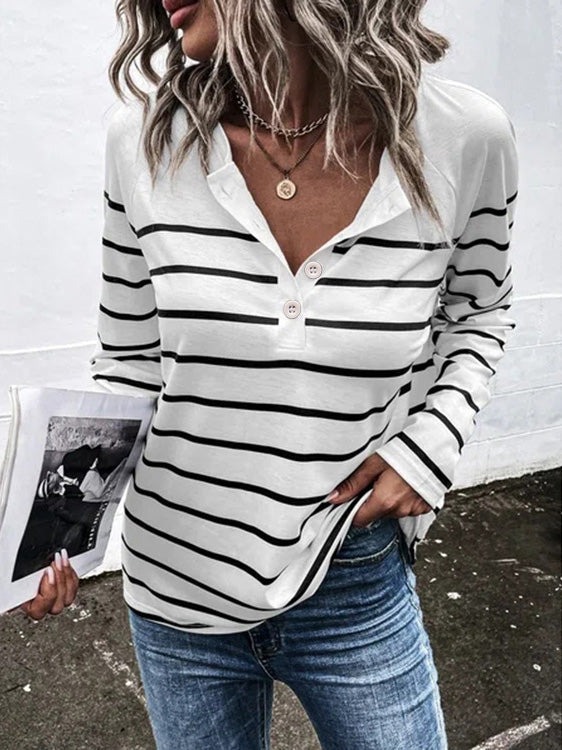 Amsoin Striped Button Long Sleeve T-Shirt