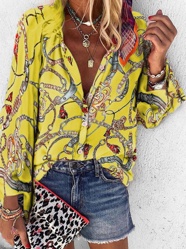 Amsoin Chain Print Stand Collar Long Sleeve Blouse